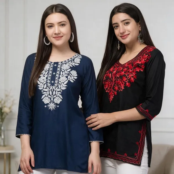 Blue_Black_Viscose_Rayon_Straight_Embroidered_Kurti_For_Women_Set_Of_2