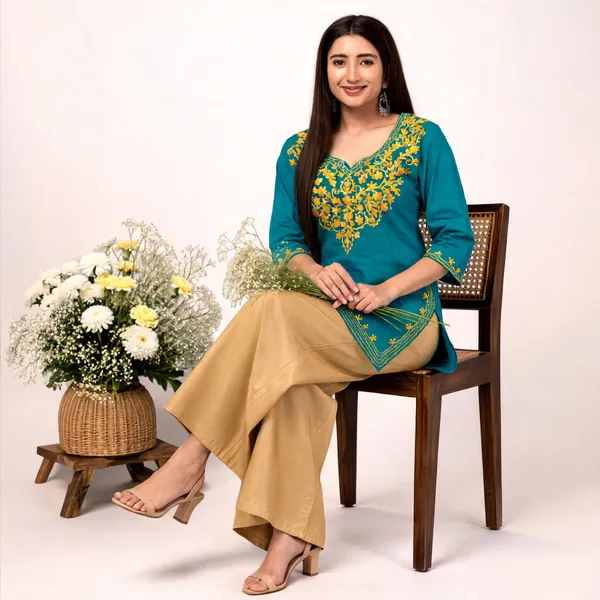 Teal_Viscose_Rayon_Straight_Kurta_Palazzo_Set_For_Women