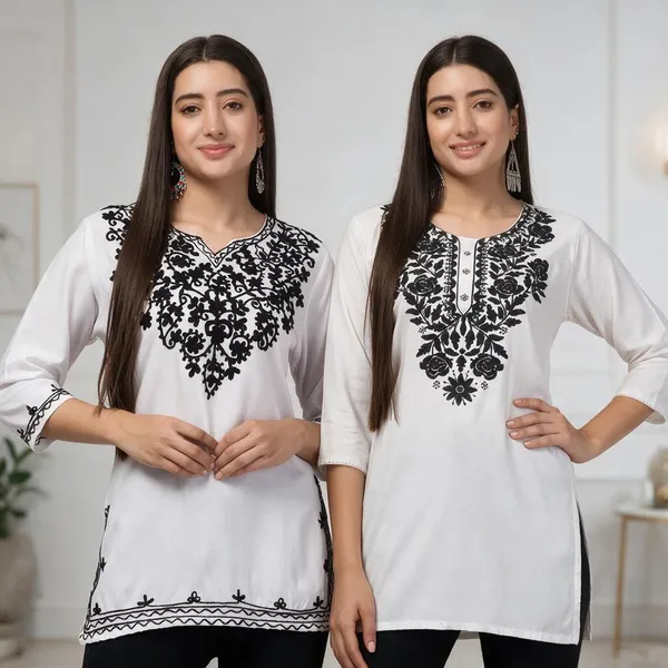 White_Viscose_Rayon_Straight_Embroidered_Kurti_For_Women_Set_Of_2