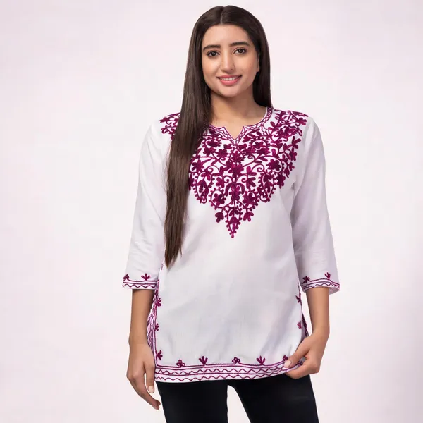 White_Viscose_Rayon_Straight_Embroidered_Kurti_For_Women