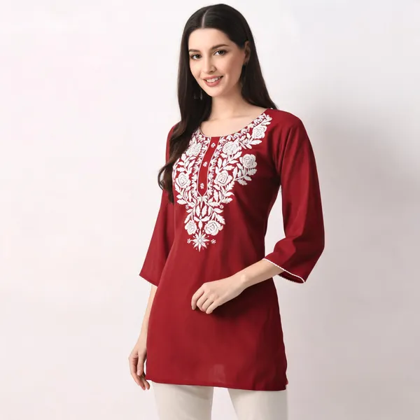 Maroon_Viscose_Rayon_Straight_Embroidered_Kurta_For_Women