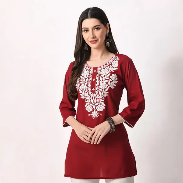 Maroon_Viscose_Rayon_Straight_Embroidered_Kurta_For_Women
