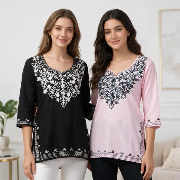 Black_Pink_Viscose_Rayon_Straight_Embroidered_Kurti_For_Women_Set_Of_2