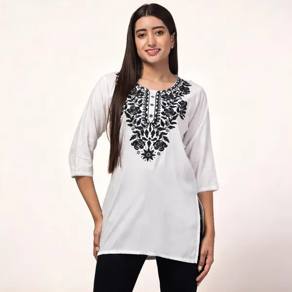 White_Viscose_Rayon_Straight_Floral_Kurti_For_Women