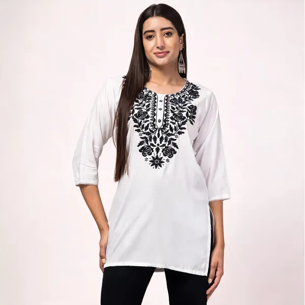White_Viscose_Rayon_Straight_Floral_Kurti_For_Women