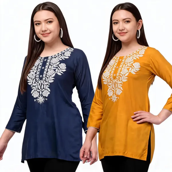 Blue_Mustard_Viscose_Rayon_Straight_Embroidered_Kurti_For_Women_Set_Of_2