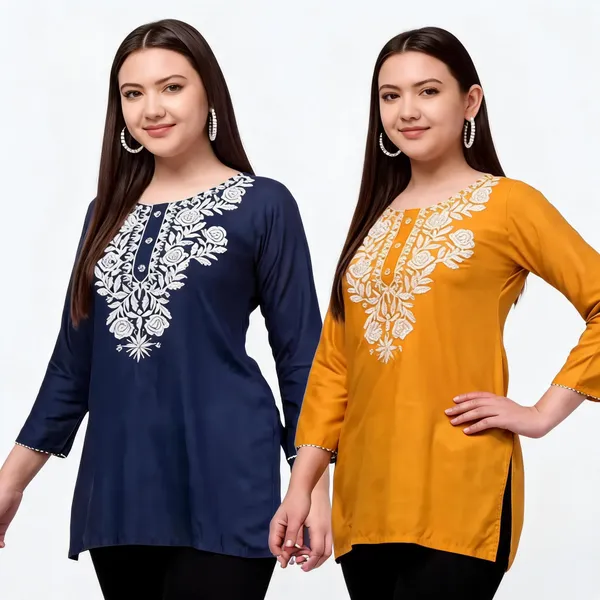 Blue_Mustard_Viscose_Rayon_Straight_Embroidered_Kurti_For_Women_Set_Of_2
