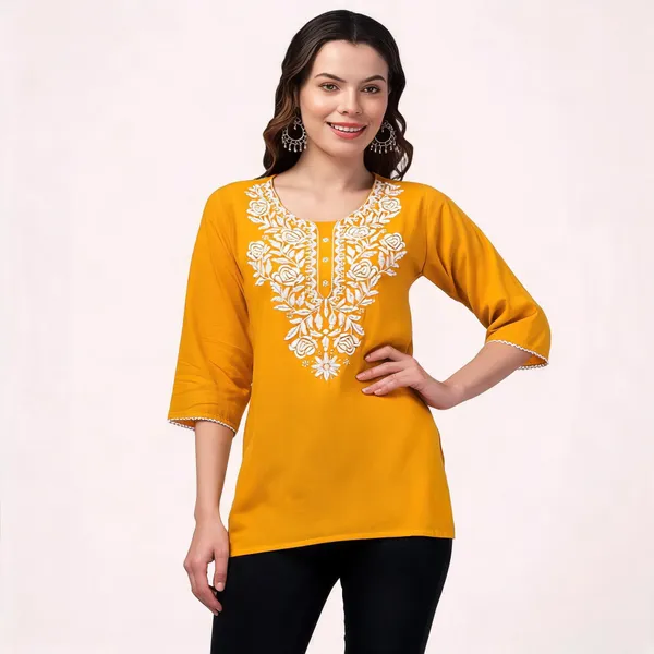 Mustard_Yellow_Viscose_Rayon_Straight_Embroidered_Kurti_For_Women