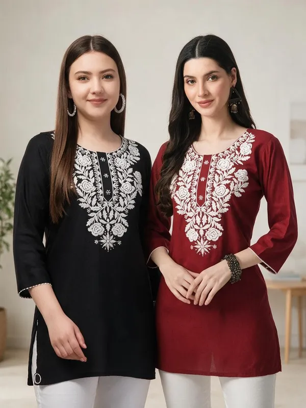 Black_Red_Viscose_Rayon_Straight_Embroidered_Kurti_For_Women_Set_Of_2