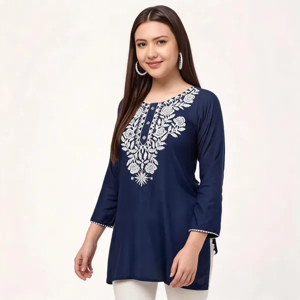 Navy_Blue_Viscose_Rayon_Straight_Embroidered_Kurti_For_Women_Set_Of_2