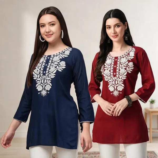 Navy_Blue_Viscose_Rayon_Straight_Embroidered_Kurti_For_Women_Set_Of_2