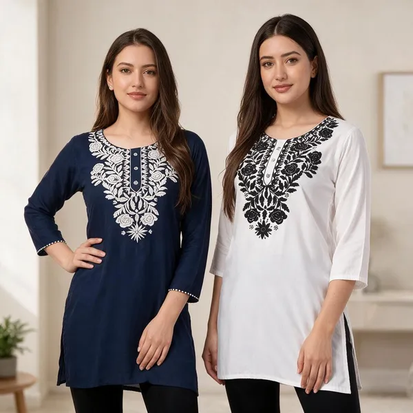 Blue_Viscose_Rayon_Straight_Floral_Kurti_For_Women_Set_Of_2