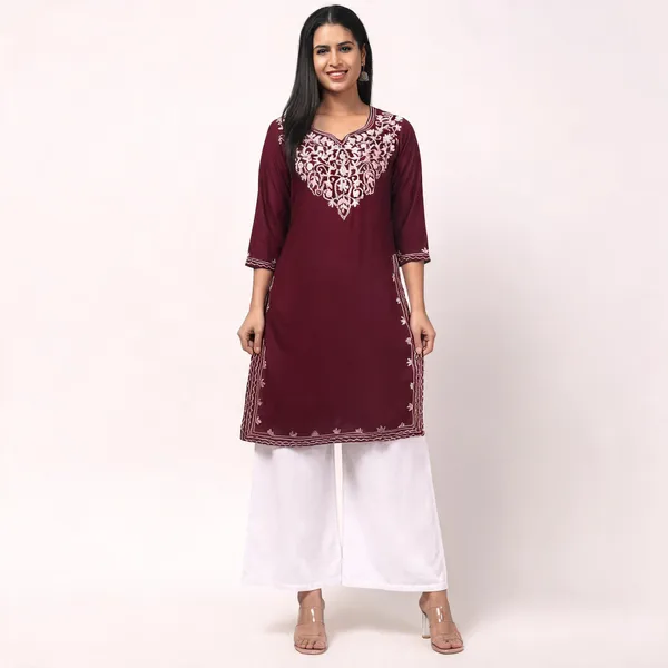 Maroon_Viscose_Rayon_Straight_Embroidered_Kurta_Palazzo_Set_For_Women