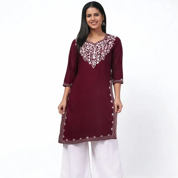 Maroon_Viscose_Rayon_Straight_Embroidered_Kurta_Palazzo_Set_For_Women