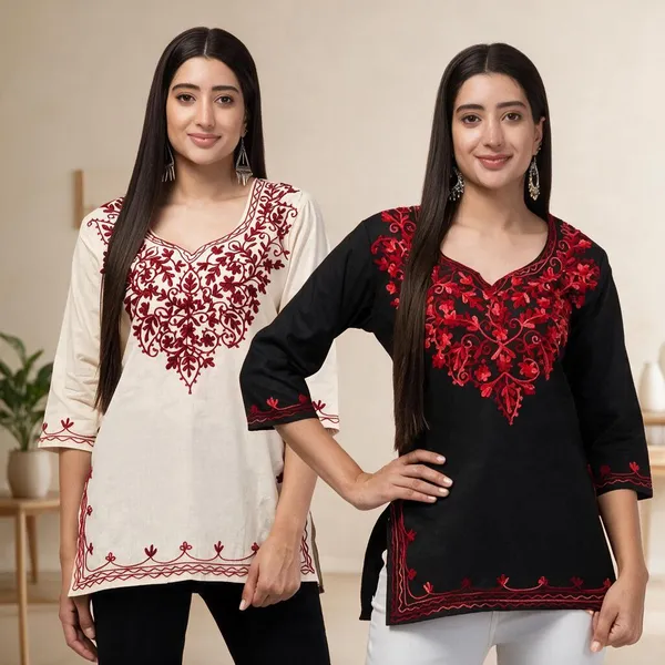 Cream_Black_Viscose_Rayon_Straight_Floral_Print_Kurti_For_Women_Set_Of_2