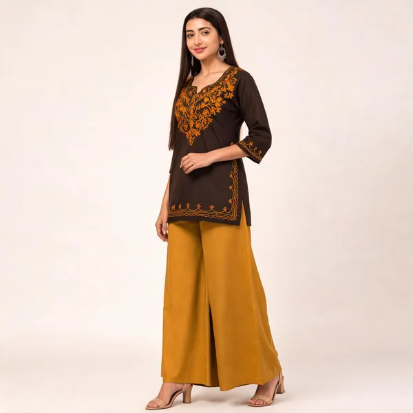 Brown_Viscose_Rayon_Straight_Embroidered_Kurta_Palazzo_Set_For_Women