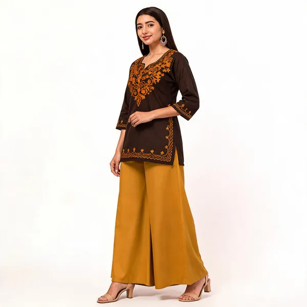 Brown_Viscose_Rayon_Straight_Embroidered_Kurta_Palazzo_Set_For_Women
