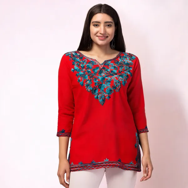 Red_Viscose_Rayon_Straight_Embroidered_Kurti_For_Women