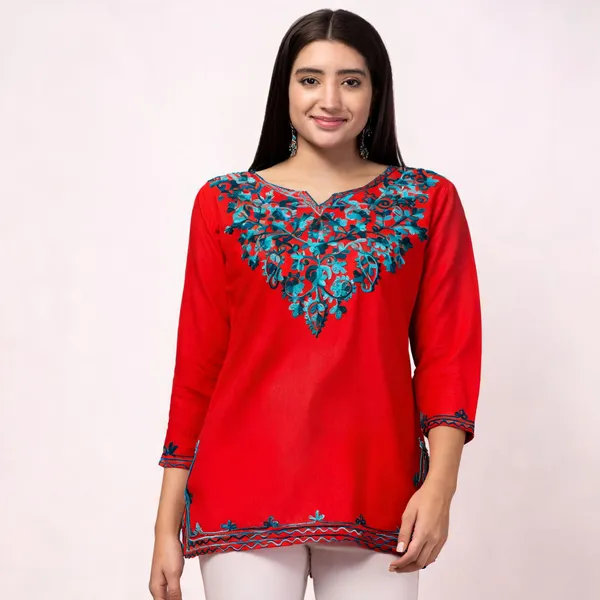 Red_Viscose_Rayon_Straight_Embroidered_Kurti_For_Women