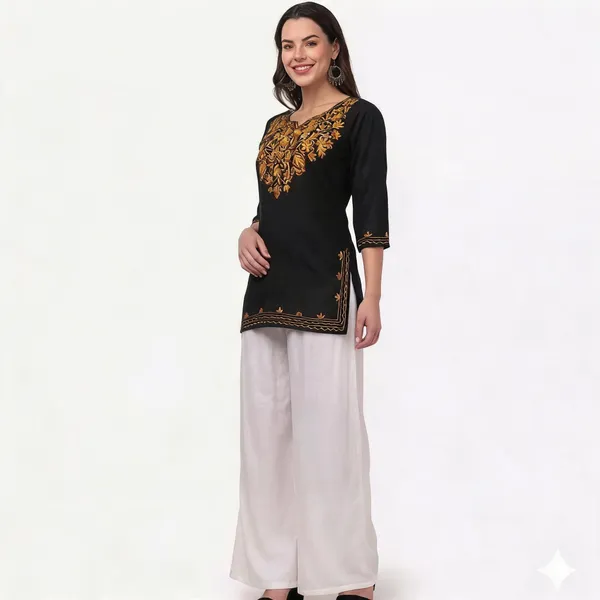 Black_Viscose_Rayon_Straight_Golden_Embroidered_Kurta_Palazzo_Set_For_Women