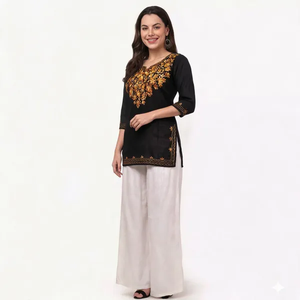 Black_Viscose_Rayon_Straight_Golden_Embroidered_Kurta_Palazzo_Set_For_Women