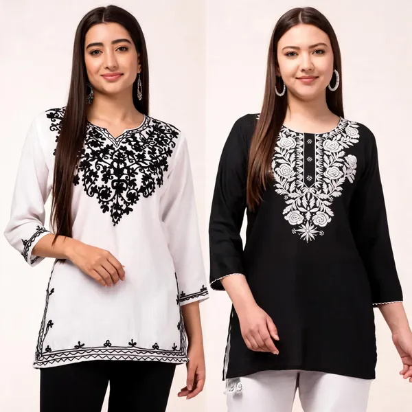 Black_White_Viscose_Rayon_Straight_Embroidered_Kurti_For_Women_Set_Of_2