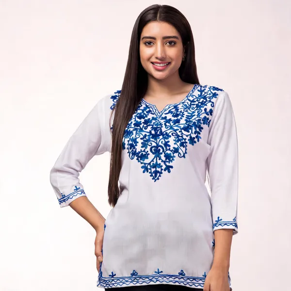 White_Viscose_Rayon_Straight_Blue_Floral_Embroidered_Kurti_For_Women