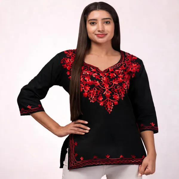Black_Viscose_Rayon_Straight_Red_Floral_Embroidered_Kurti_For_Women