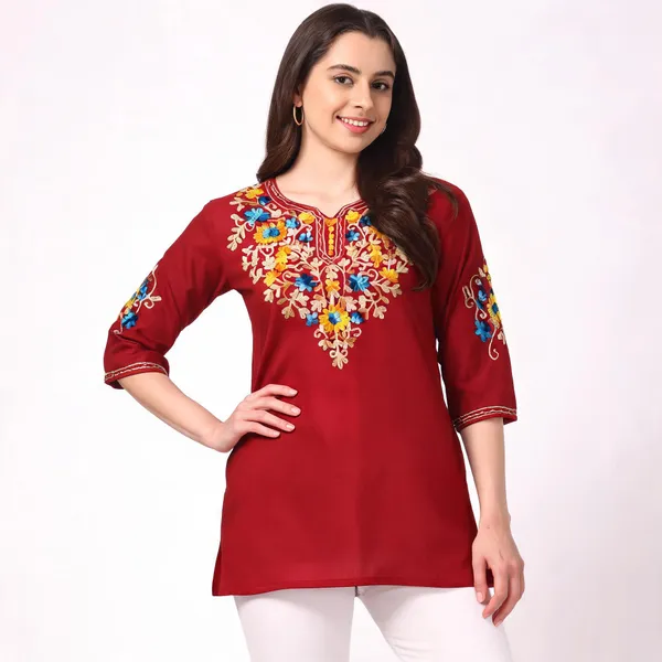 Red_Viscose_Rayon_Straight_Floral_Embroidered_Kurti_For_Women