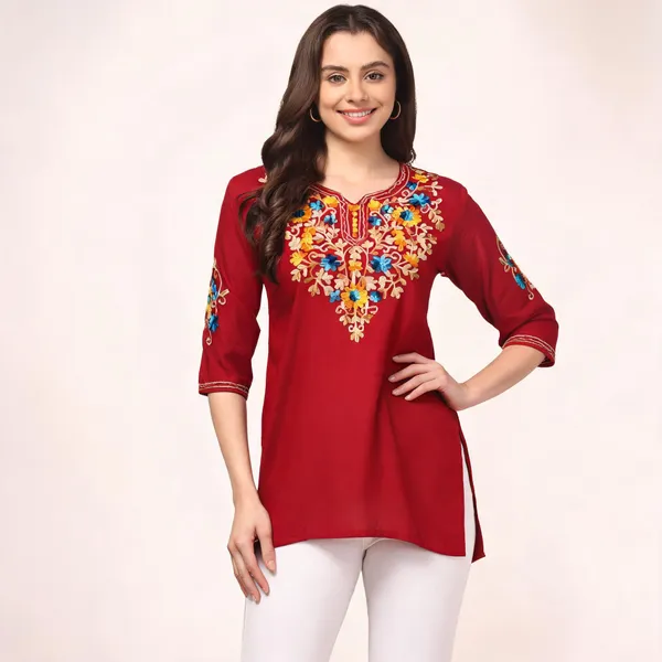 Red_Viscose_Rayon_Straight_Floral_Embroidered_Kurti_For_Women