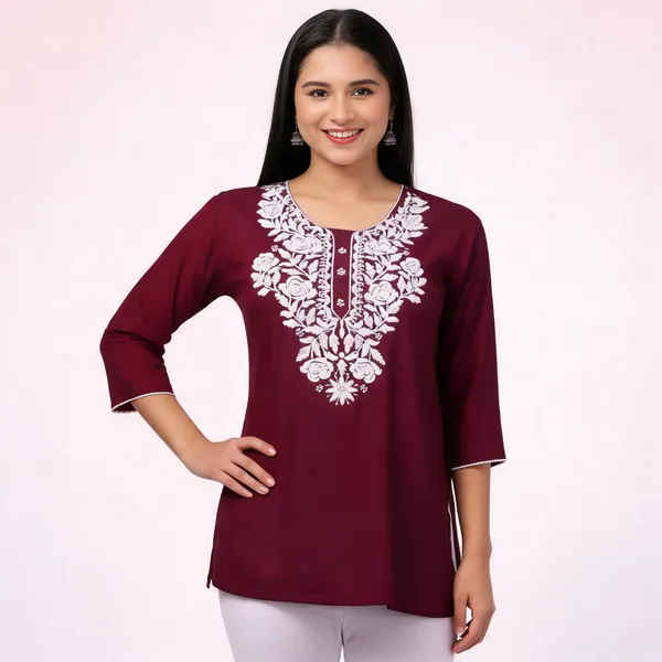 Maroon_Viscose_Rayon_Straight_Embroidered_Kurti_For_Women_Set_Of_2