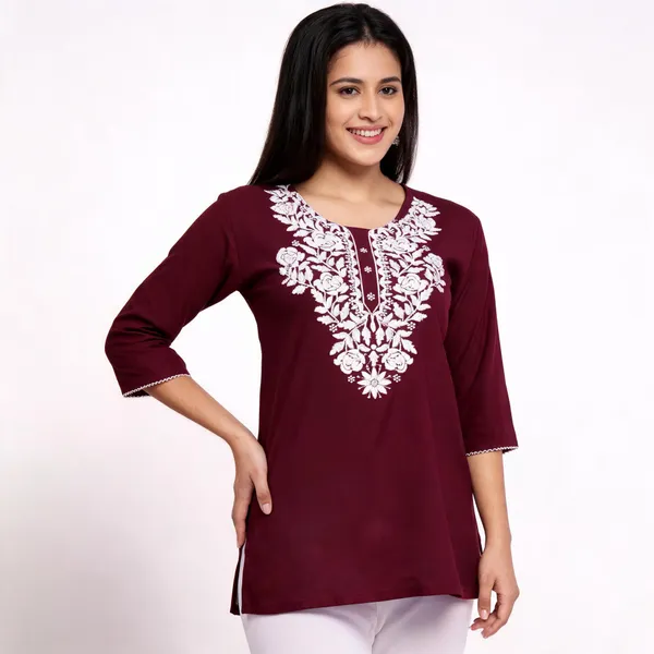 Maroon_Viscose_Rayon_Straight_Embroidered_Kurti_For_Women_Set_Of_2