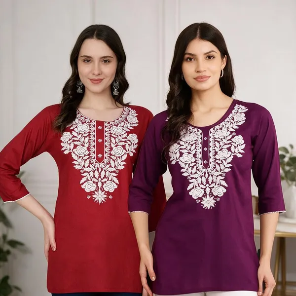 Maroon_Viscose_Rayon_Straight_Embroidered_Kurti_For_Women_Set_Of_2