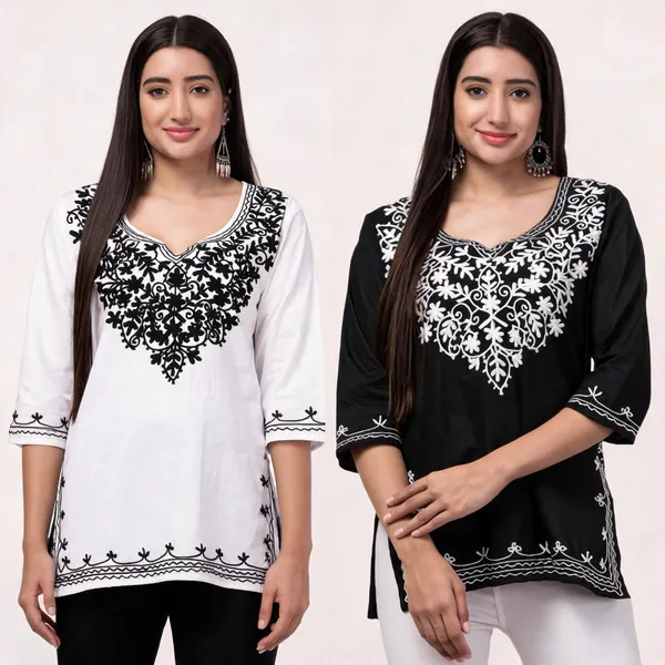 White_Black_Viscose_Rayon_Straight_Floral_Kurti_For_Women_Set_Of_2