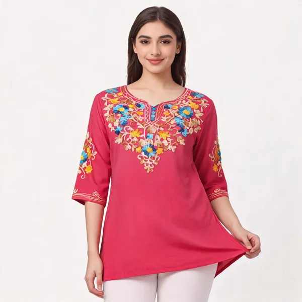Pink_Viscose_Rayon_Straight_Embroidered_Short_Kurti_For_Women