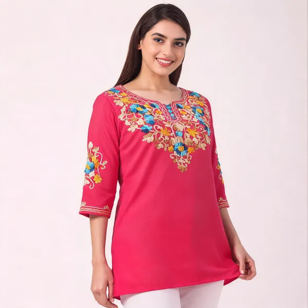 Pink_Viscose_Rayon_Straight_Embroidered_Short_Kurti_For_Women