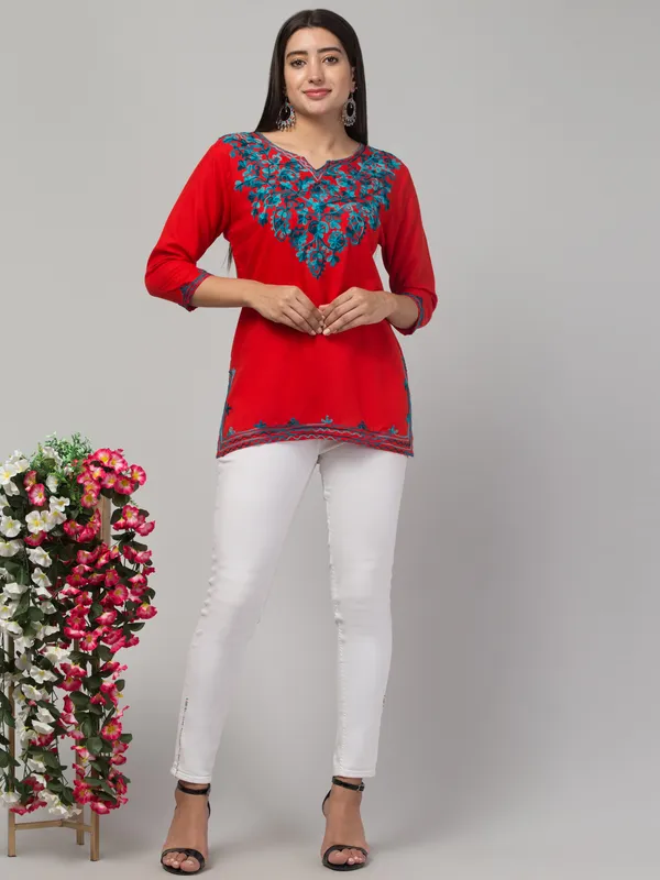 Red_Viscose_Rayon_Straight_Embroidered_Kurti_For_Women