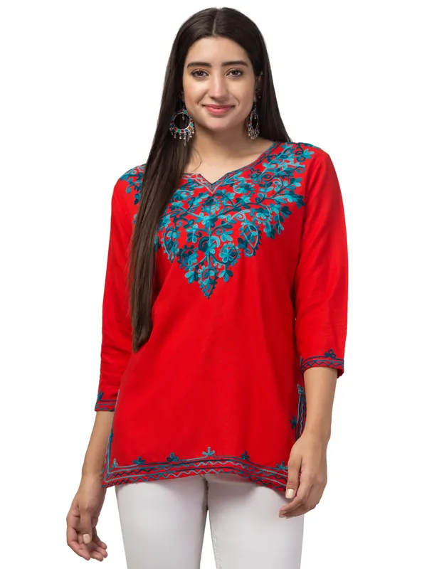 Red_Viscose_Rayon_Straight_Embroidered_Kurti_For_Women