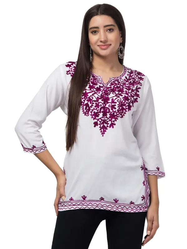 White_Viscose_Rayon_Straight_Embroidered_Kurti_For_Women
