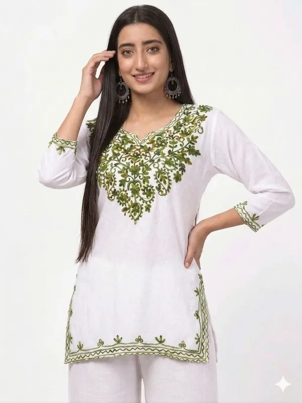 White_with_Green_Embroidery-Kurta_Palazzo_Set