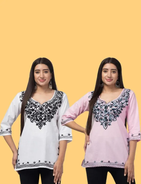 Pink_And_White_Viscose_Rayon_Straight_Embroidered_Kurti_For_Women_Set_Of_2