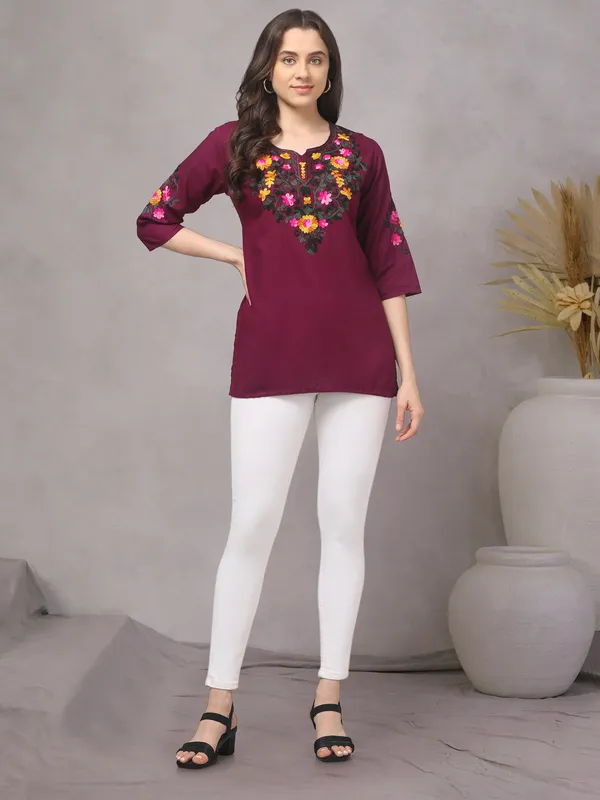 Maroon_Embroidered_Straight_Kurti_for_Women