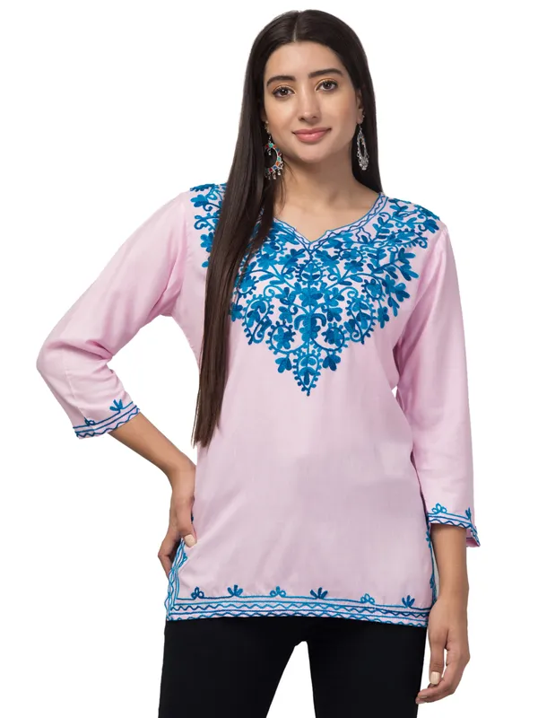Pink_Viscose_Rayon_Straight_Embroidered_Kurti_For_Women