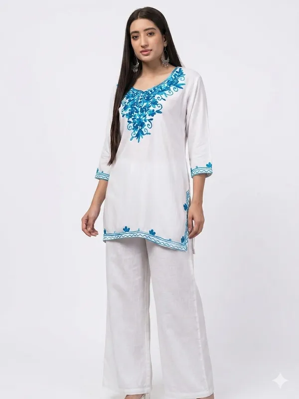 White_with_Blue_Embroidery-Kurta_Palazzo_Set