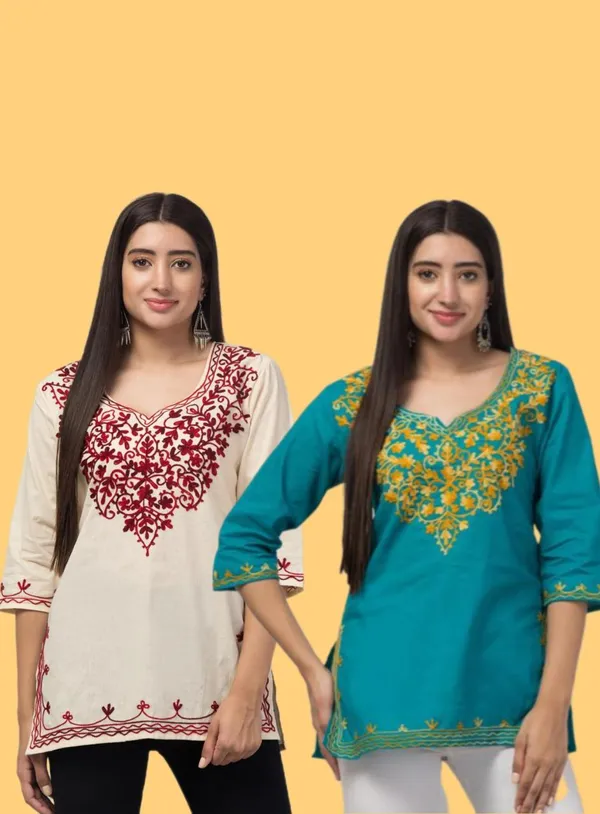 Teal_And_Cream_Printed_Straight_Kurti_For_Women