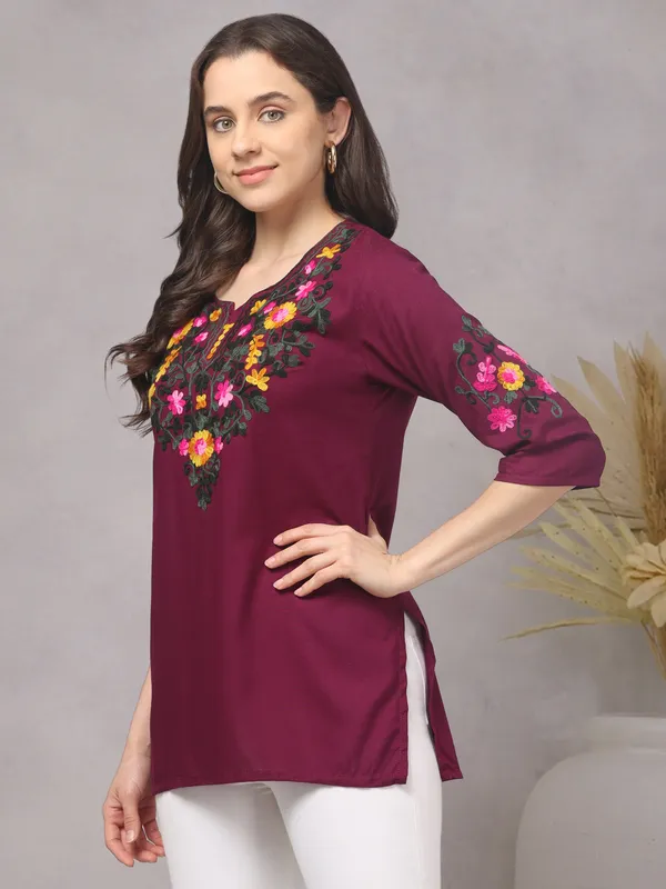 Maroon_Embroidered_Straight_Kurti_for_Women