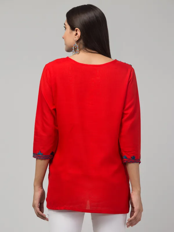 Red_Viscose_Rayon_Straight_Embroidered_Kurti_For_Women