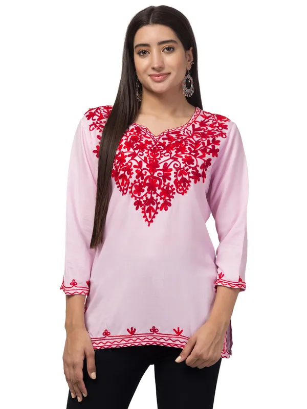 Pink_Viscose_Rayon_Straight_Floral_Embroidered_Kurti_For_Women
