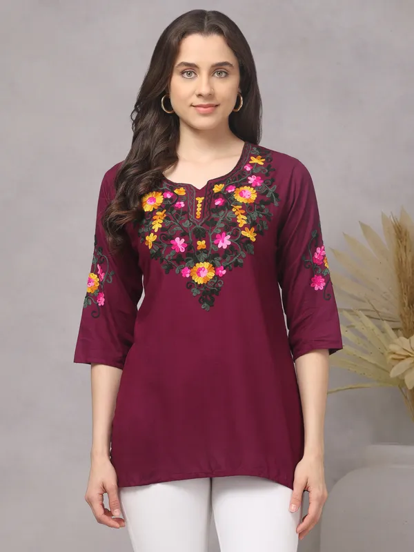 Maroon_Embroidered_Straight_Kurti_for_Women