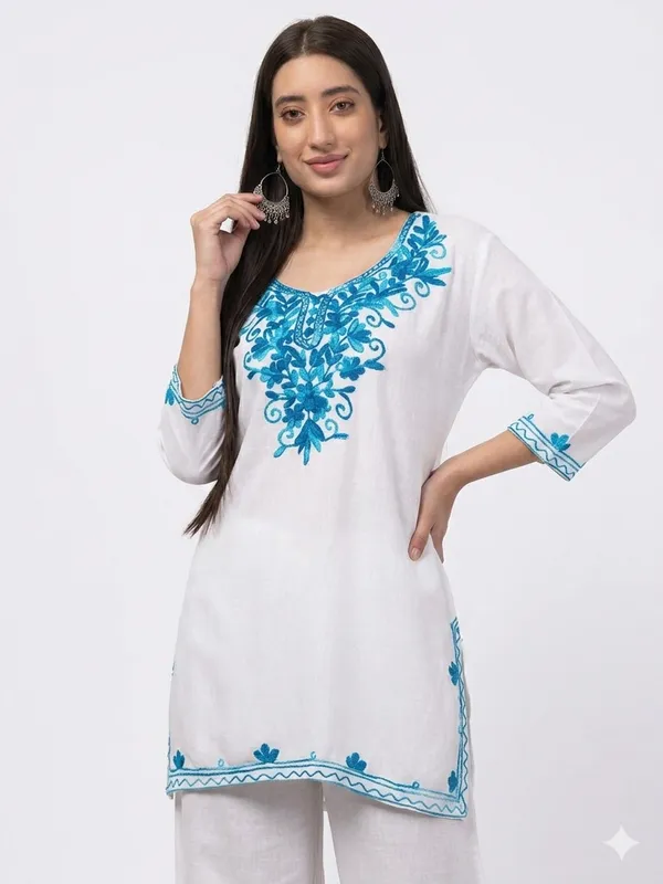 White_with_Blue_Embroidery-Kurta_Palazzo_Set